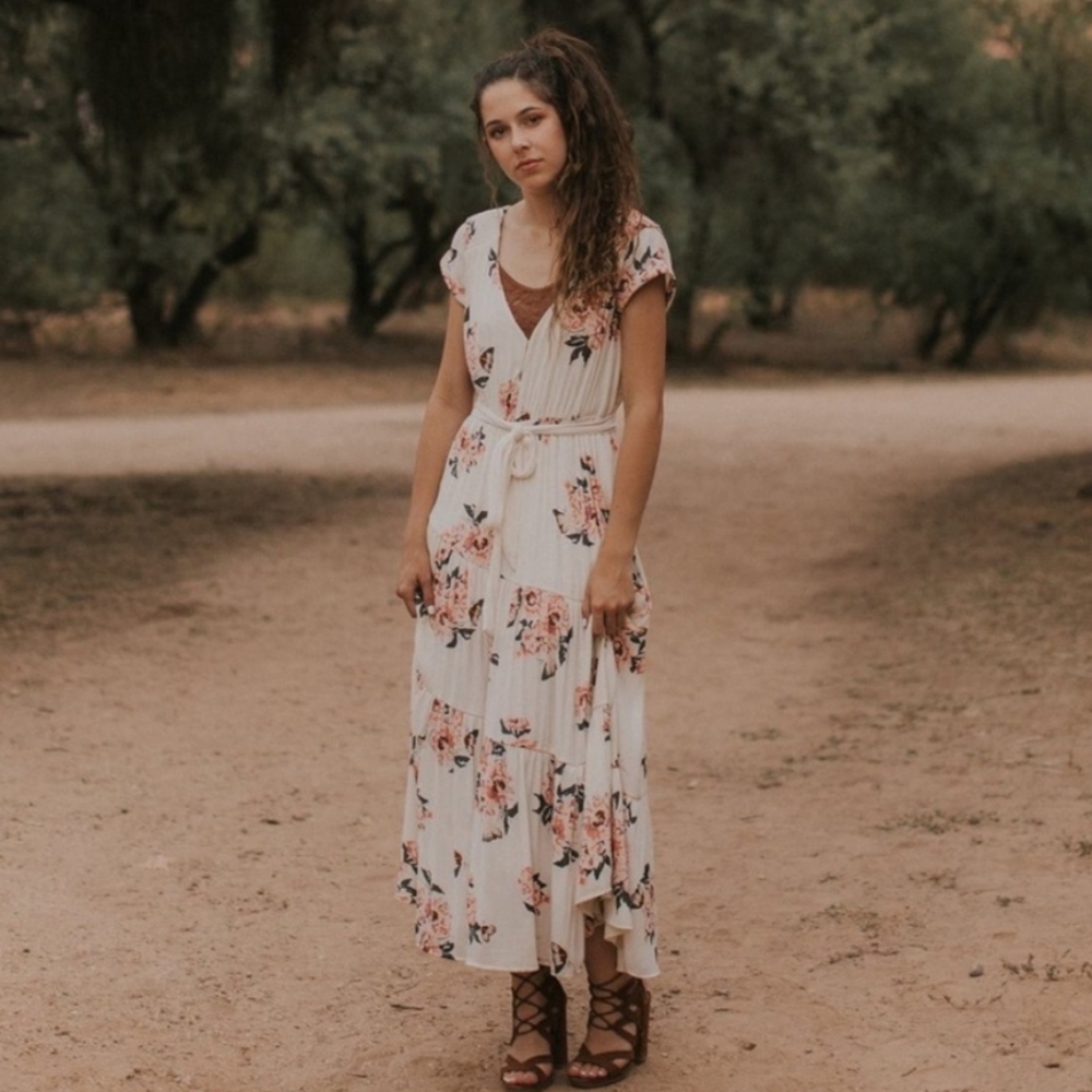 ILLA ILLA Floral Maxi Faux Wrap Dress in White and Pink Large